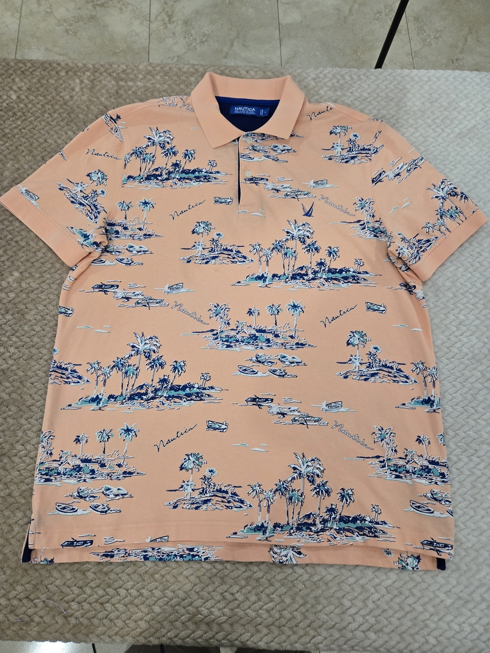 Nautica Blue Sail Tropical Island Boat Print Polo Shirt Men's Large Peach